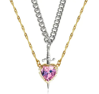 New Heart And Sword Necklace Set In Gold And Silver