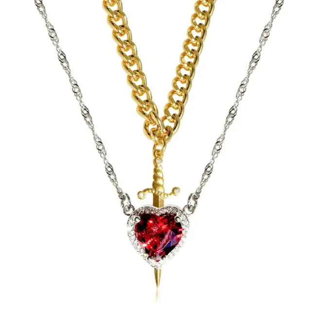 New Heart And Sword Necklace Set In Gold And Silver